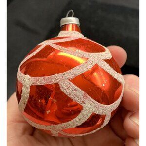 Vtg Cali Col Christmas Mica Glass Snow Glitter Hand Paint Ornament 3" Red White
